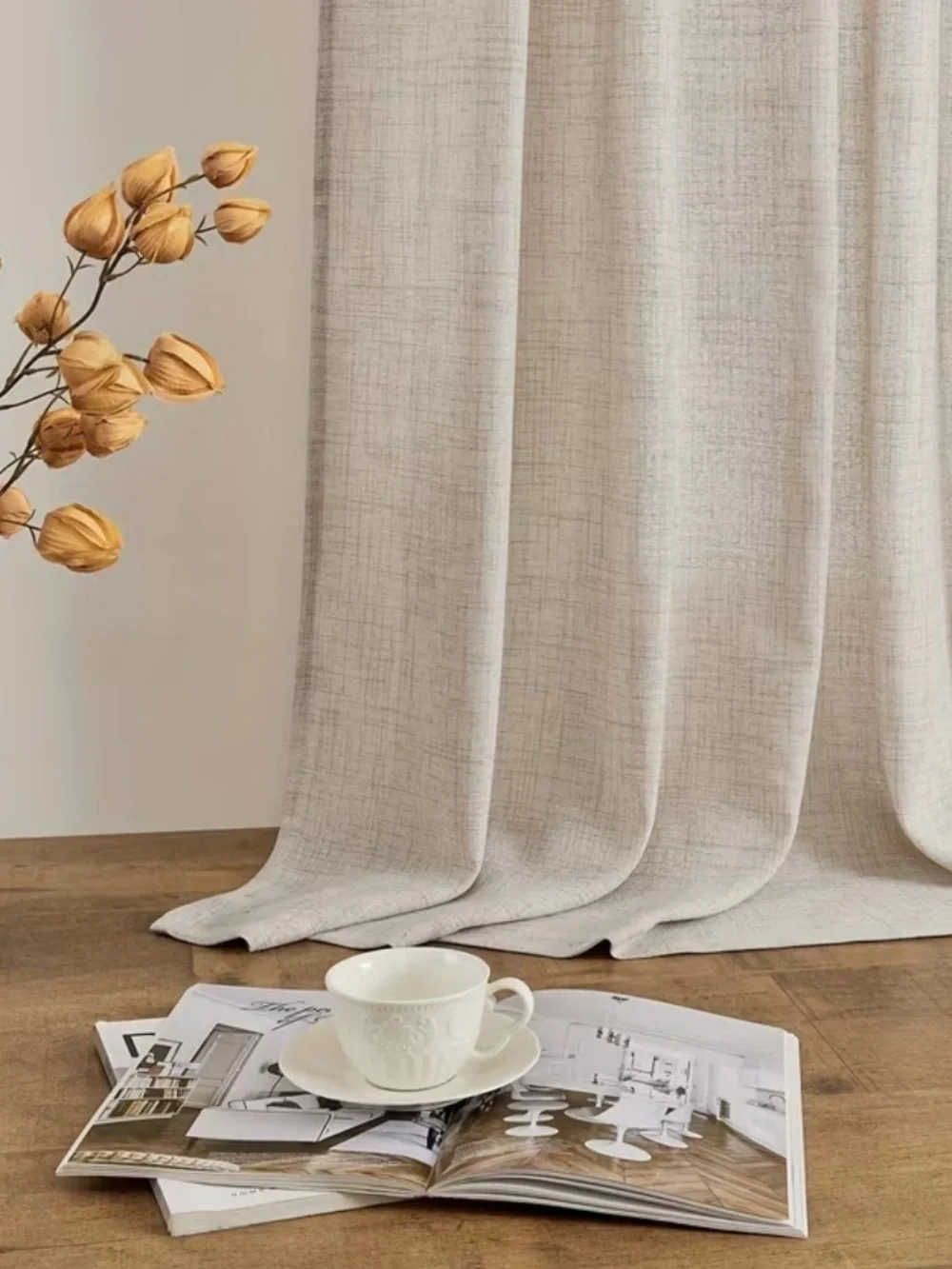Linen-Textured Cream Curtain Panel - Pair